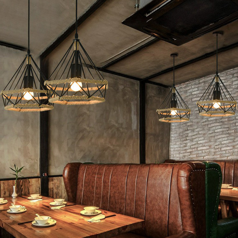 Industrial Bistro Hanging Lamp - Single Bulb Drop Pendant With Diamond Roped Cage In Black