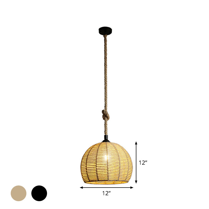 Rustic Hemp Rope Pendant Lamp For Dining Table - 1-Light Black/Brown 10’/12’ Wide