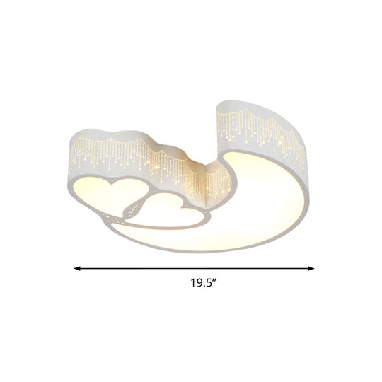 Kid Bedroom Led Flush Ceiling Lamp - Contemporary Heart & Crescent Design In White