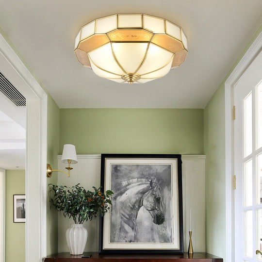 Colonial Milky Glass Bowl Ceiling Fixture 3/4-Bulb Living Room Flush Mount Lamp In Brass