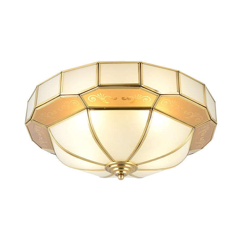 Colonial Milky Glass Bowl Ceiling Fixture 3/4-Bulb Living Room Flush Mount Lamp In Brass 16/19.5