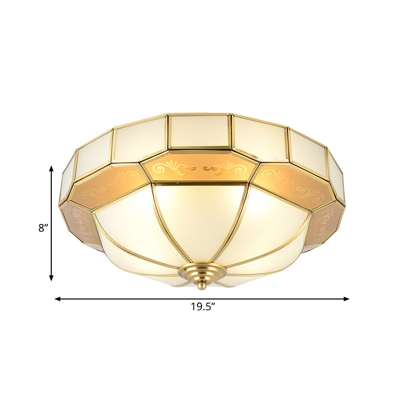 Colonial Milky Glass Bowl Ceiling Fixture 3/4-Bulb Living Room Flush Mount Lamp In Brass 16/19.5