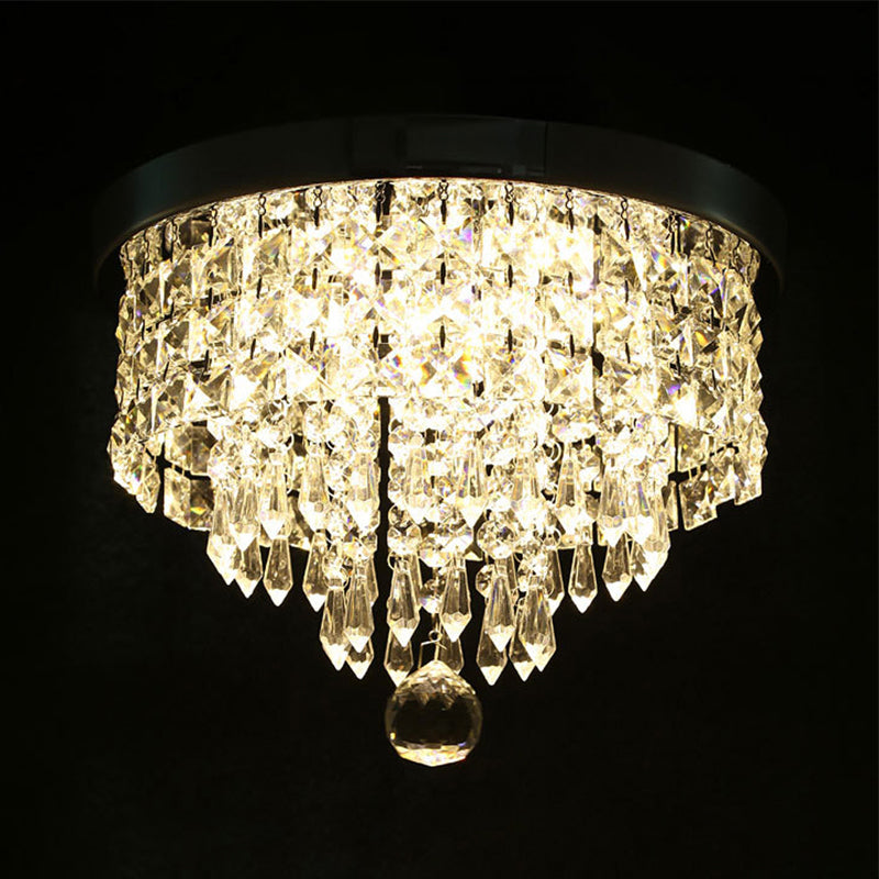Glamorous Crystal Drum Ceiling Light In Chrome - Flush Mount Fixture