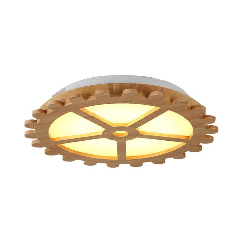 Beige Led Flush Mount Ceiling Lamp For Kids’ Bedroom - Lovely Wooden Design