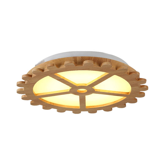Beige Led Flush Mount Ceiling Lamp For Kids’ Bedroom - Lovely Wooden Design