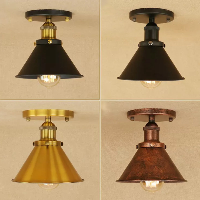 Industrial Iron Cone Shade 1 - Light Ceiling Lamp: Rust/Black/Copper Semi Mount Lighting