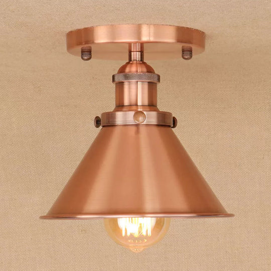 Industrial Iron Cone Shade 1-Light Ceiling Lamp: Rust/Black/Copper Semi Mount Lighting Copper