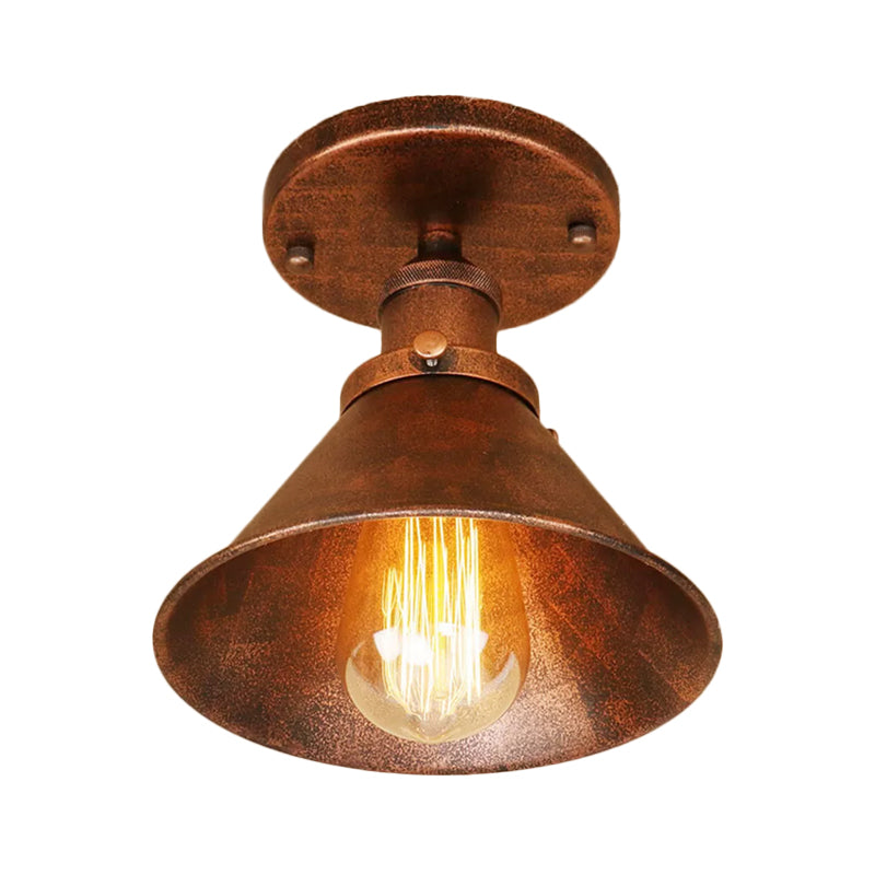 Industrial Iron Cone Shade 1 - Light Ceiling Lamp: Rust/Black/Copper Semi Mount Lighting