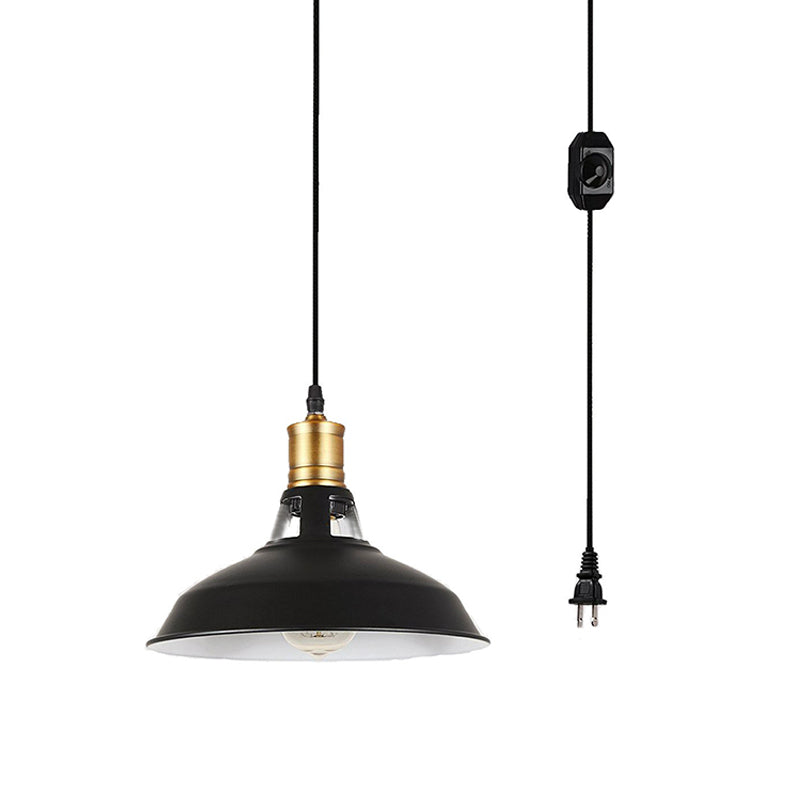Rustic Bedside Plug-In Pendant Light With Barn Iron Shade - 1-Light Hanging Lamp In Black