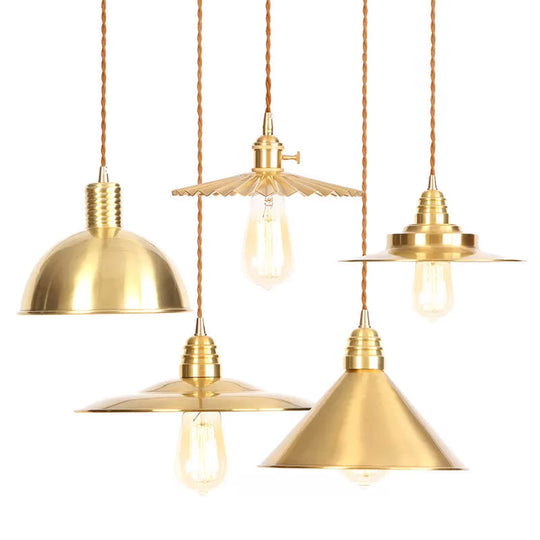 Antiqued Iron Gold Pendant Lamp With Single-Bulb Flat/Bowl/Cone Shade Suspension Fixture /