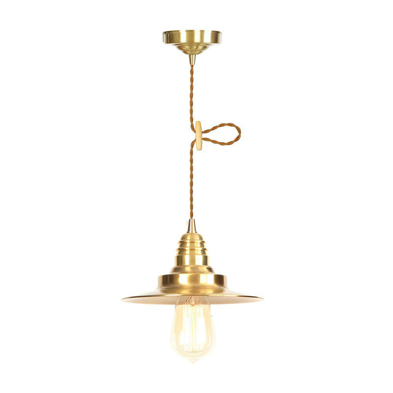 Antiqued Iron Gold Pendant Lamp With Single-Bulb Flat/Bowl/Cone Shade Suspension Fixture