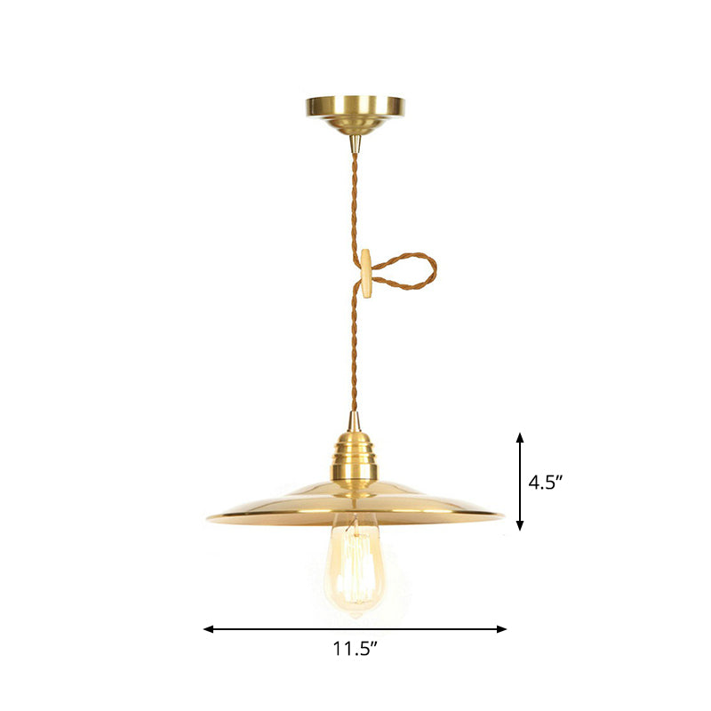 Antiqued Iron Gold Pendant Lamp With Single-Bulb Flat/Bowl/Cone Shade Suspension Fixture