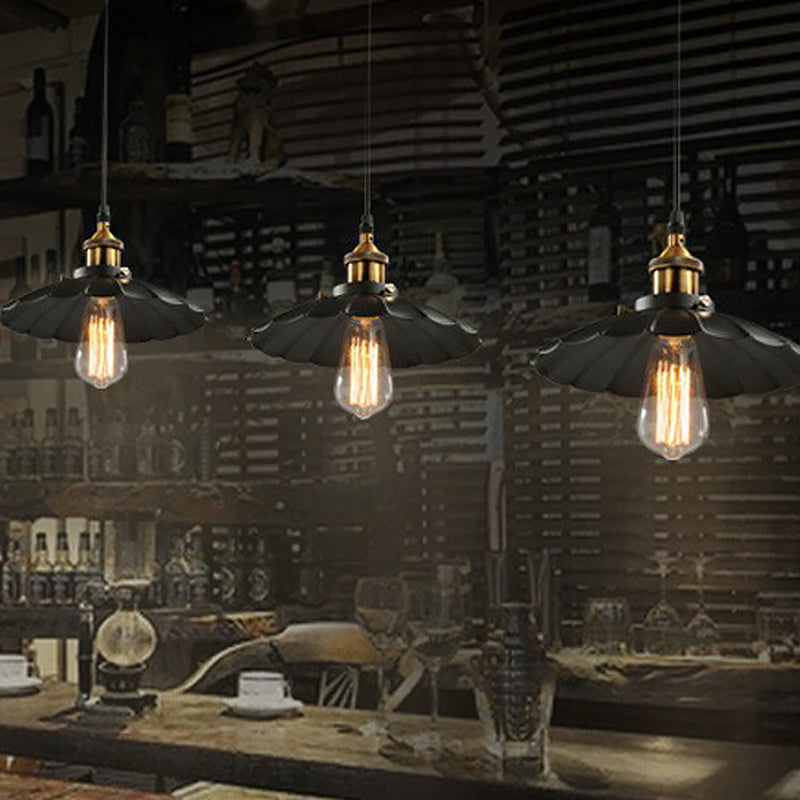 Industrial Black Floral Shade Beer Bar Pendant Lamp Metallic 1 Head 10’ Width