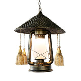 Rustic Cream Glass Hanging Pendant Lamp With Bronze Finish - Kerosene Ceiling Suspension Light