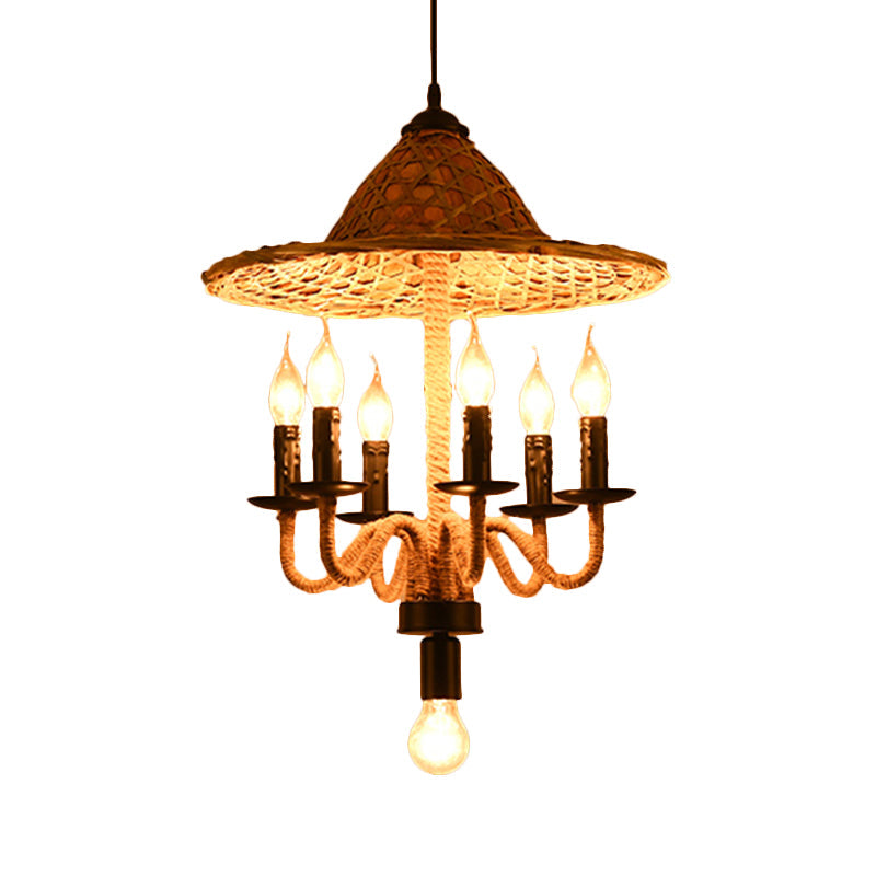 Lodge Jute Rope Ceiling Chandelier With Bamboo-Woven Hat Top - 6/7 Bulbs Brown Hanging Lamp 7 /