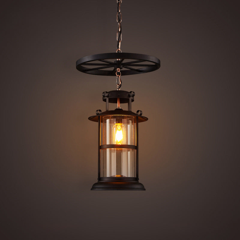 Industrial Cage Pendant Lamp With Wheel Decoration - Cylindrical Metal Black Finish