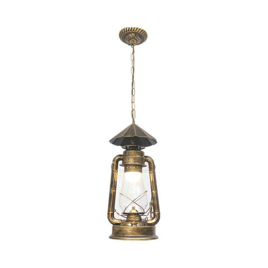 Rustic Clear/Frosted Glass Kerosene Pendant Lamp In Bronze/Copper/Black - 1 Bulb Dining Room