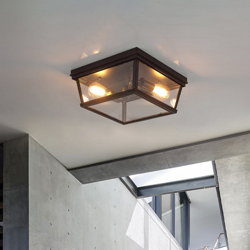 Flush Mount Farmhouse Ceiling Light With 2 Bulbs - Black Cube Design And Clear Glass Ideal For