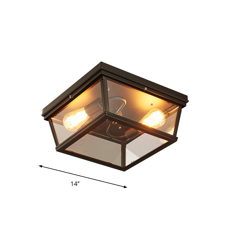 Flush Mount Farmhouse Ceiling Light With 2 Bulbs - Black Cube Design And Clear Glass Ideal For