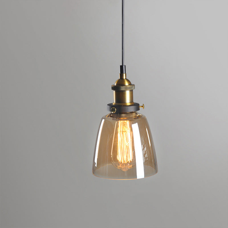 Rustic Brass Single-Bulb Bell Pendulum Light With Clear Amber And Smoke Grey Glass - Bedroom