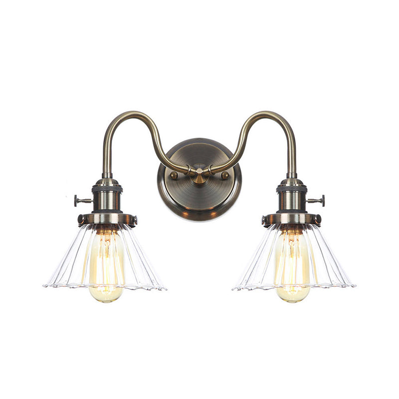 Amber/Clear Glass Wall Light With Undulated Arm In Bronze - Factory 2 Bulbs Living Room Mounted