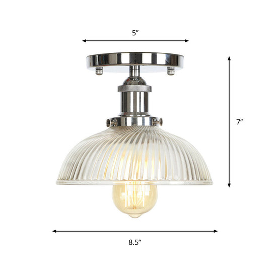 Clear Ribbed Glass Flushmount Farmhouse Bell - Chrome Ceiling Light