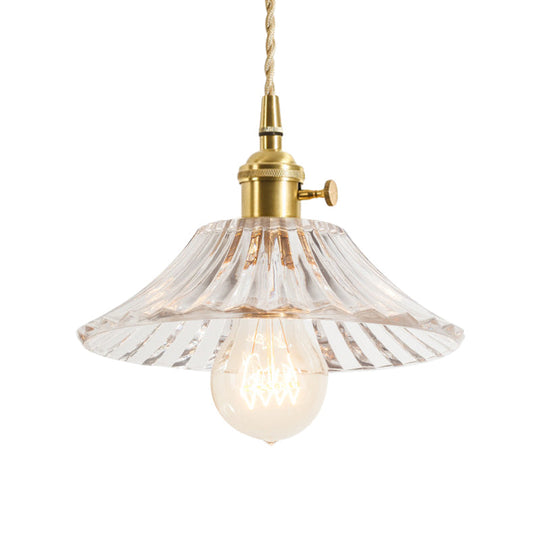 Rustic Brass Floral Hanging Lamp With Clear Ribbed Glass - 1-Light Ceiling Pendant For Table