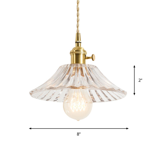 Rustic Brass Floral Hanging Lamp With Clear Ribbed Glass - 1-Light Ceiling Pendant For Table
