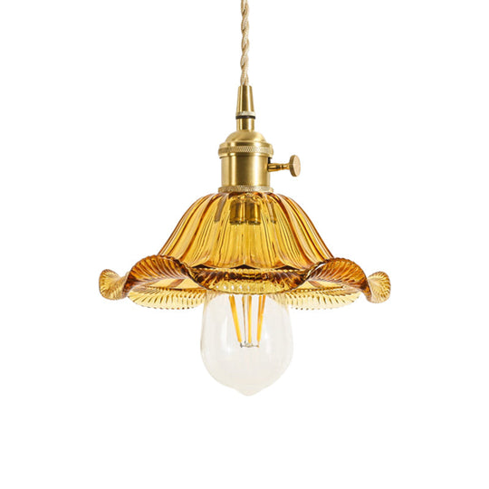 Rustic Brass Floral Hanging Lamp With Clear Ribbed Glass - 1-Light Ceiling Pendant For Table