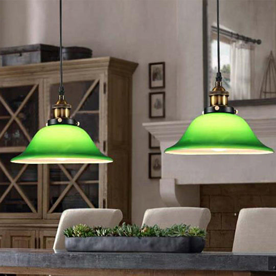 Vintage Brass Green Glass Carillon Pendant Light Fixture - 1-Light Suspension For Guest Room 8/10