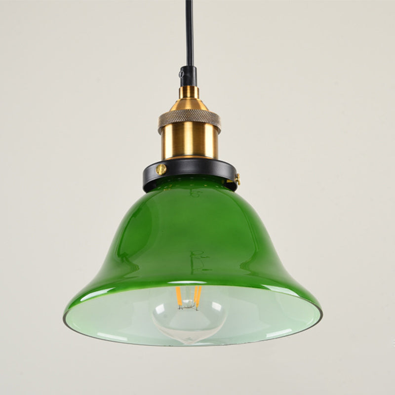 1-Light Vintage Brass Green Glass Pendant Hanging Light Fixture 8’/10’ Width – Perfect For