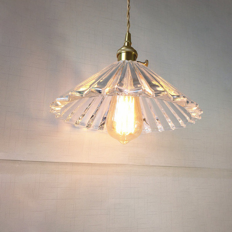 Antique Pendant Light With Clear Ribbed Glass Shade For Dining Room - 1-Light Ceiling Hang Lamp
