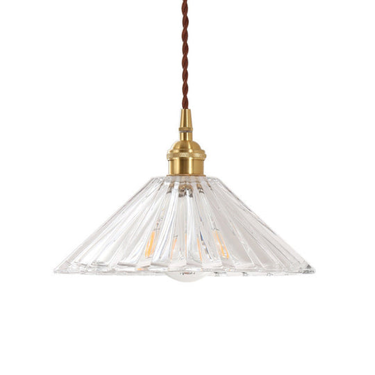 Antique Pendant Light With Clear Ribbed Glass Shade For Dining Room - 1-Light Ceiling Hang Lamp