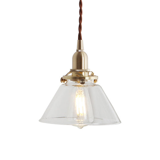 Glass Brass Pendant Lamp - Rustic Cone Design With Clear Sleek/Ribbed Finish 1 Light Down Lighting