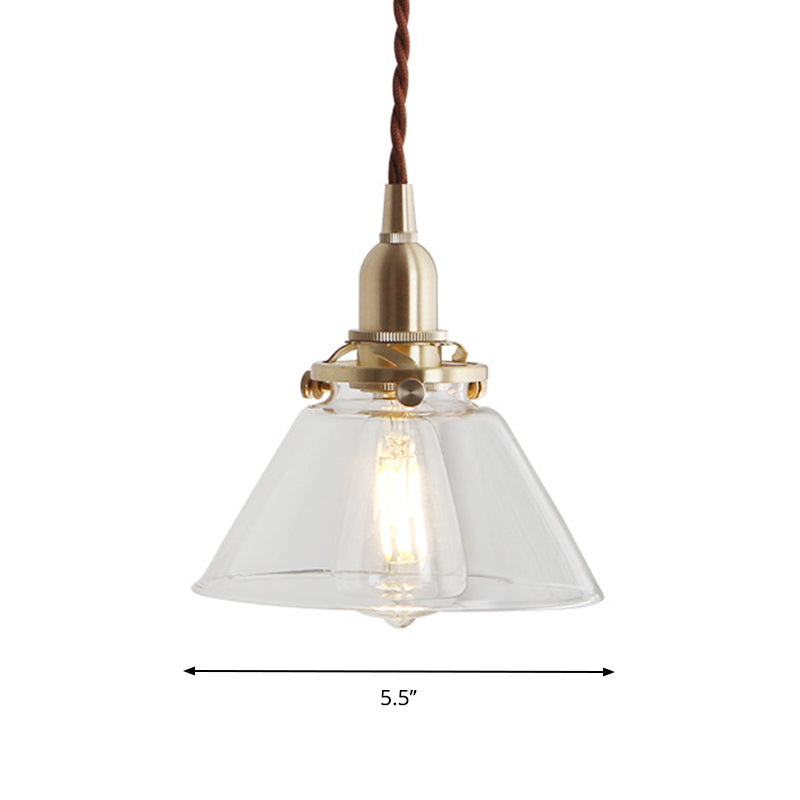 Glass Brass Pendant Lamp - Rustic Cone Design With Clear Sleek/Ribbed Finish 1 Light Down Lighting