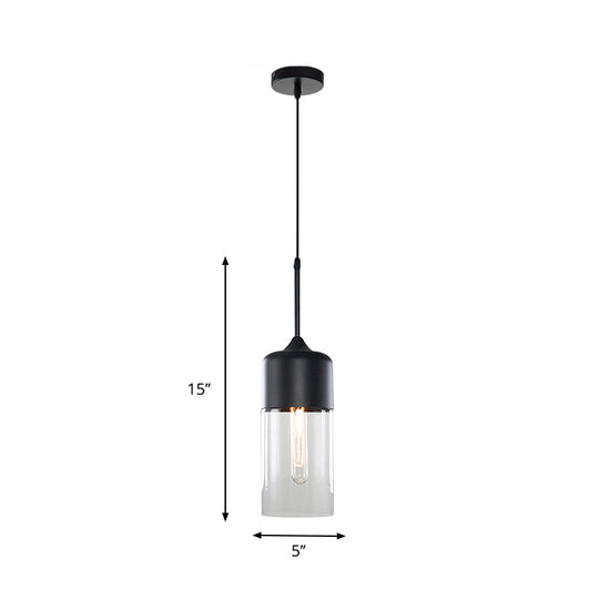 Modern Black Pendant Light Fixture With Clear Glass Cylinder/Mason Jar Design - Perfect For Table