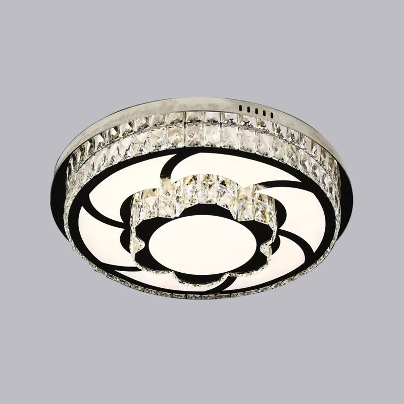 P Stainless - Steel Flushmount Light With Clear Faceted Crystal Shade - Flower/Round Design