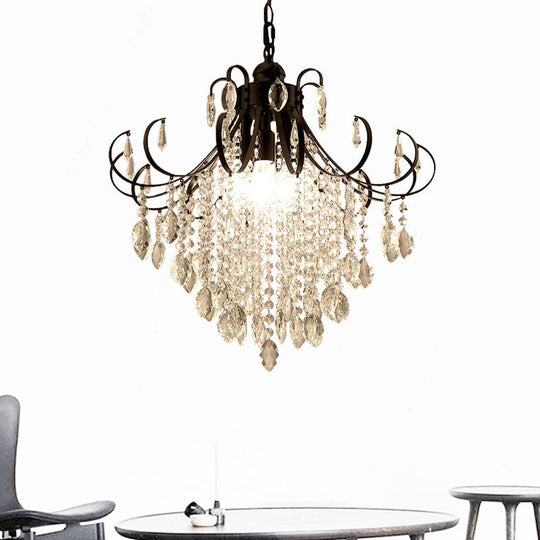 Glam Teardrop Pendant Light With Metal Curved Arm And Cascading Crystal Strands