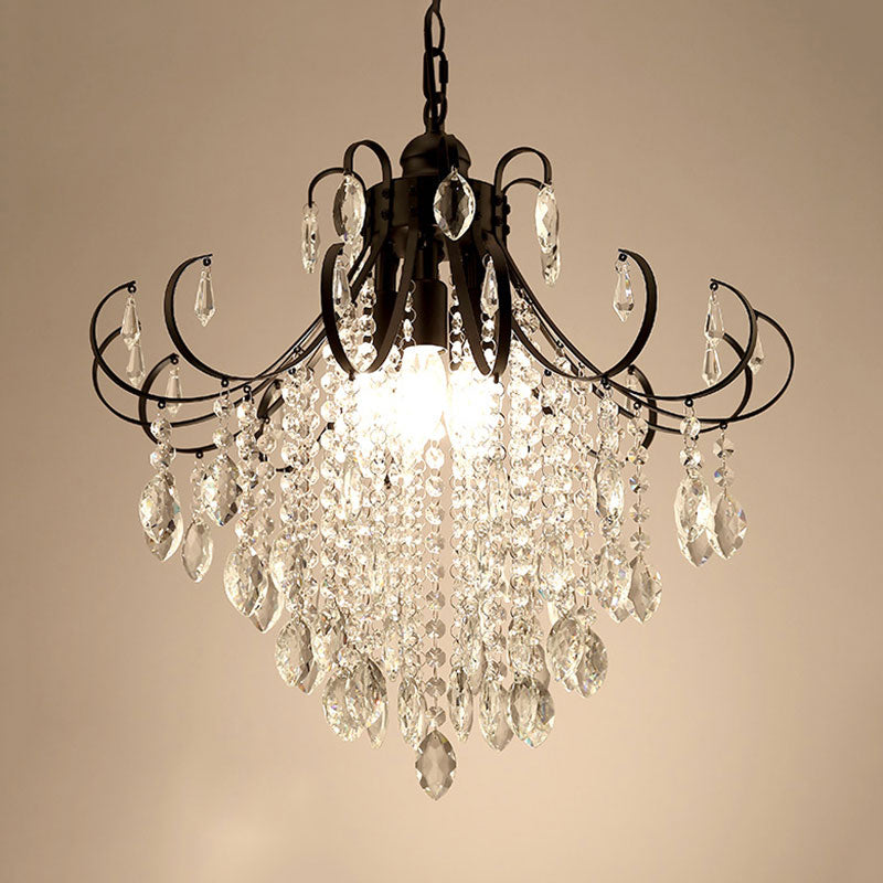 Glam Teardrop Pendant Light With Metal Curved Arm And Cascading Crystal Strands