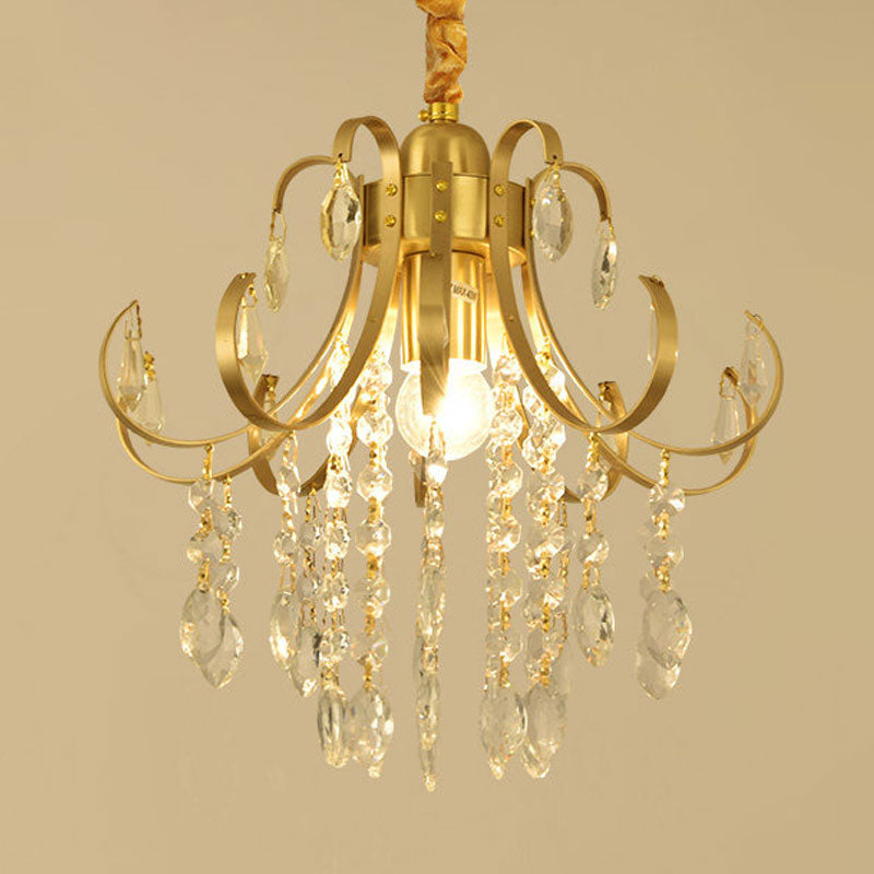 Glam Teardrop Pendant Light With Metal Curved Arm And Cascading Crystal Strands