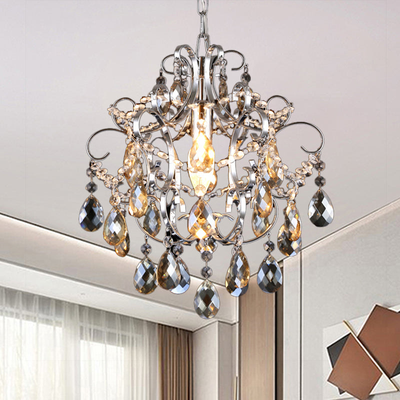 Curved Arm Crystal Drops Chandelier In Polish Chrome Finish