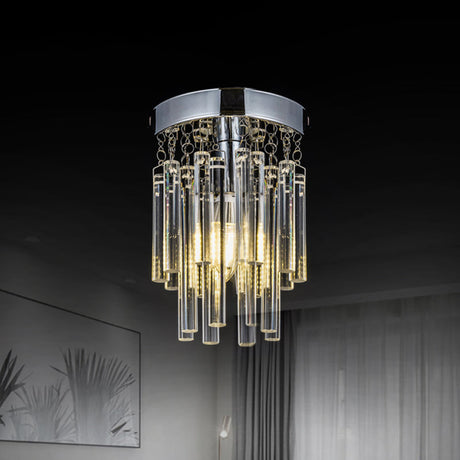 Round Chrome Crystal Bar Flush Mount Ceiling Light - Bare Bulb Flushmount