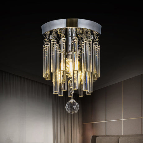 Round Chrome Crystal Bar Flush Mount Ceiling Light - Bare Bulb Flushmount
