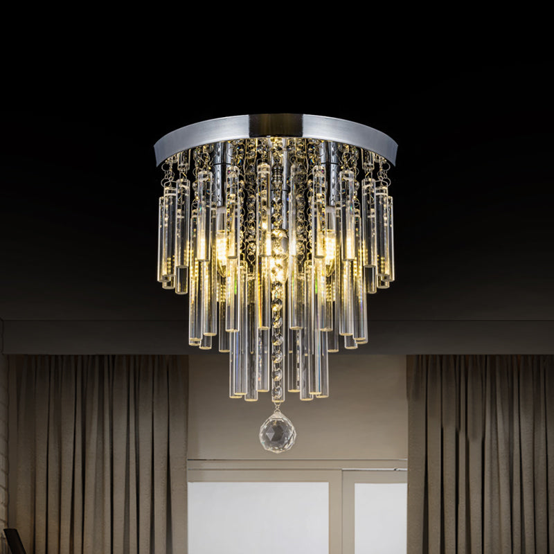 Round Chrome Crystal Bar Flush Mount Ceiling Light - Bare Bulb Flushmount