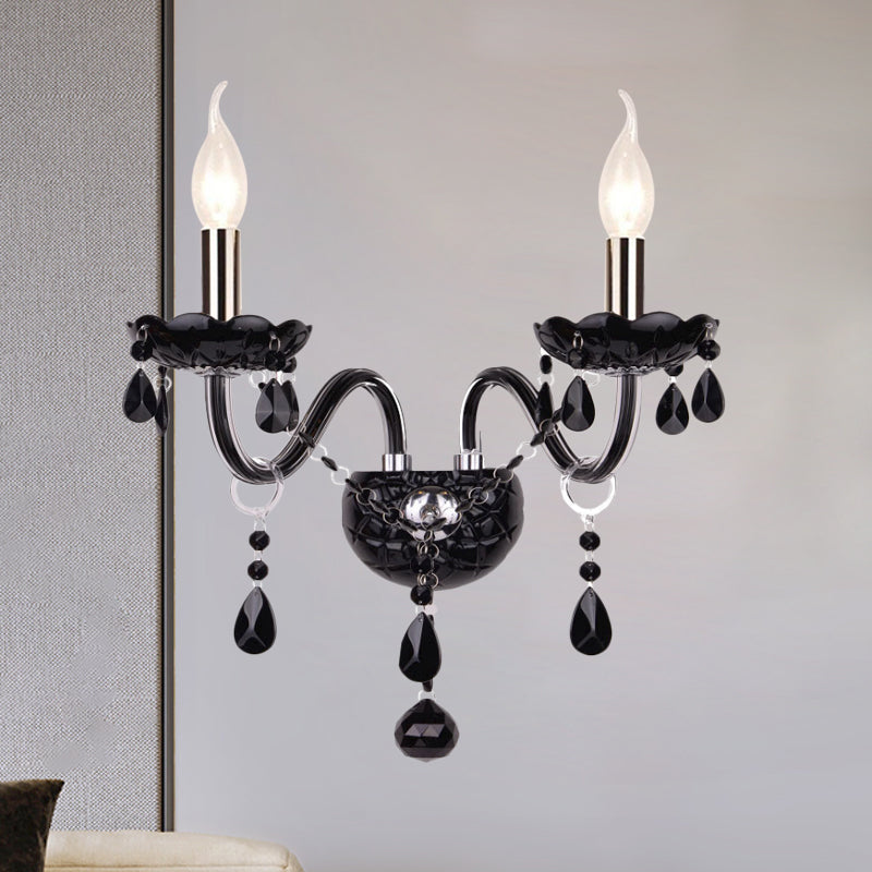 Black Crystal Wall Sconce With Elegant Candle-Style Arm