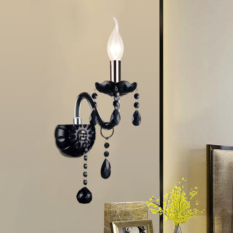 Black Crystal Wall Sconce With Elegant Candle-Style Arm