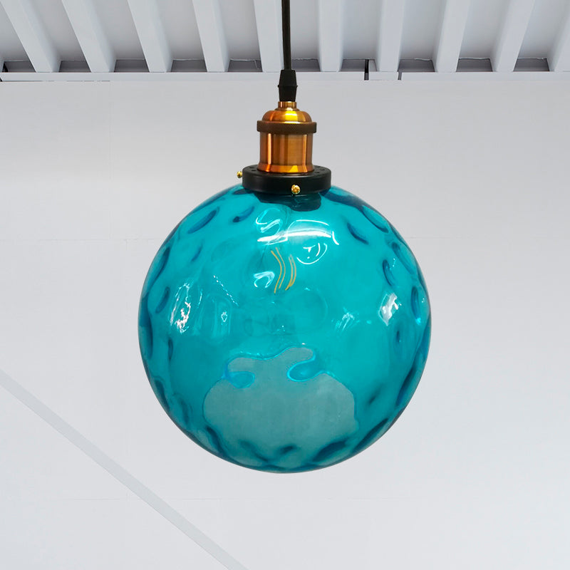 Industrial Globe Pendant Light - Blue Dimpled Glass Hanging Lamp (8’/10’/12’ Wide) / 8’