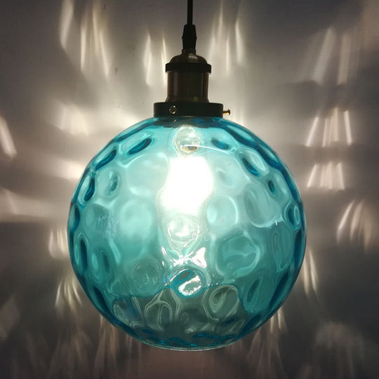 Industrial Globe Pendant Light - Blue Dimpled Glass Hanging Lamp (8’/10’/12’ Wide)