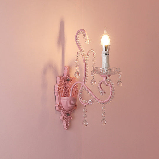 Modern Metallic Scroll Arm Wall Lamp With Crystal Orb Deco Pink