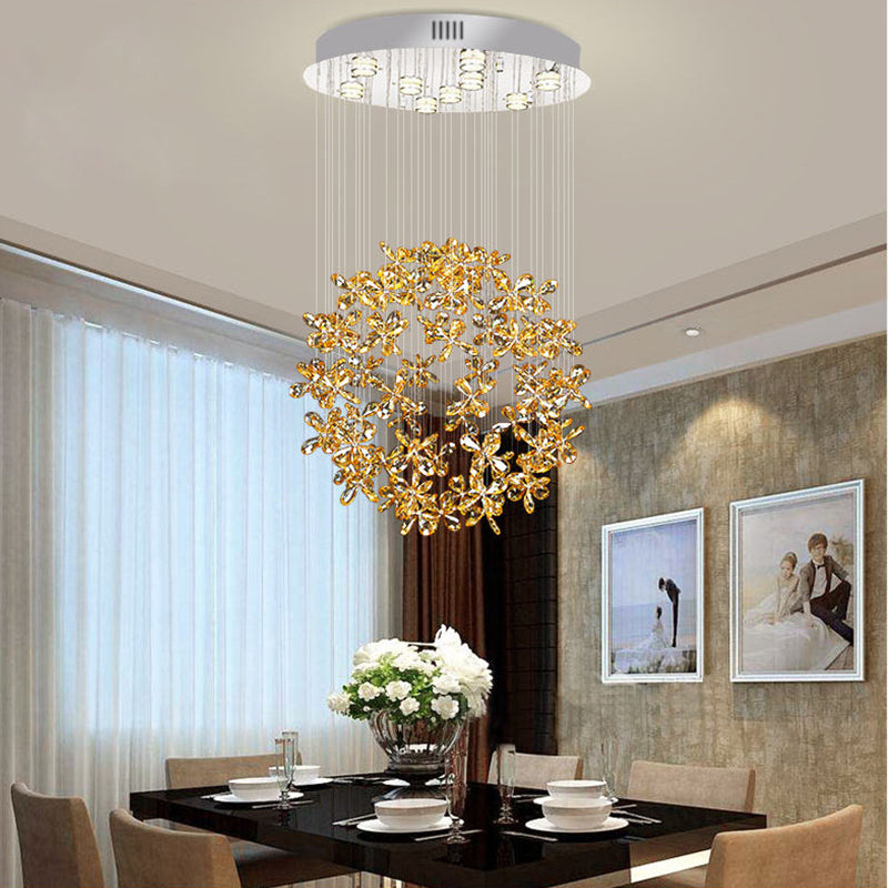 Modern Clear Crystal Sphere Flush Light - 16’/19.5’ W Nickel Ceiling Fixture With 9 Lights
